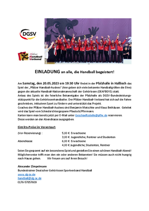 EINLADUNG an alle, die Handball begeistert! Zum Spiel der „Pfälzer Handball-Auslees“
