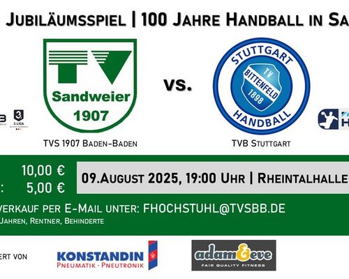 100 Jahre Handball in Sandweier – TVS 1907 Baden-Baden empfängt den TVB Stuttgart